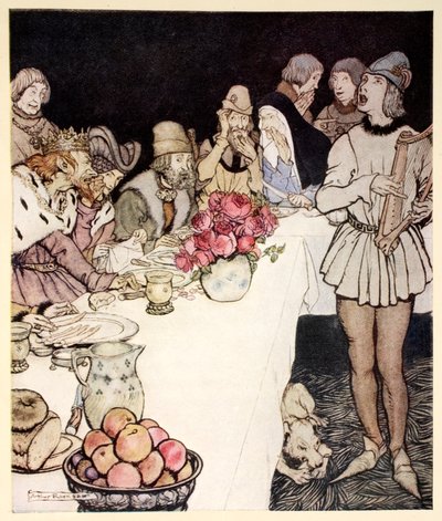 How at a great fest that King Mark made came Eliot the harper and sang the lay that Dinalan had made, illustration from 